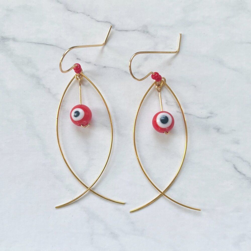 Gold Fish Earrings with Red Evil Eye Worry Bead